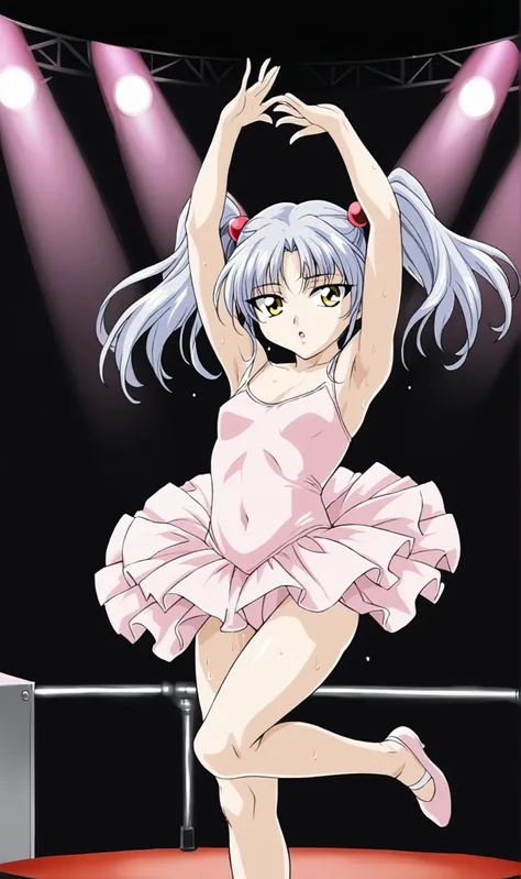 RH, 1girl, solo, silver hair, twintails, yellow eyes, hair bobbles, sweat, sweat dripping, pink tutu, ballerina, dancing, arms up, stage lights, stage, dark room, <lora:Ruri Hoshino Pony XL:0.75>