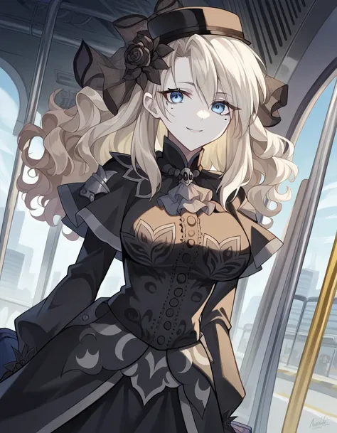 score_9, score_8_up, score_7_up, source_anime, <lora:fgo-kriemhild-ponyxl-lora-nochekaiser:1>, kriemhild, blue eyes, long hair, mole, mole under eye, pale skin, white hair, wavy hair, large breasts,, ascot, black capelet, black dress, black flower, black g...