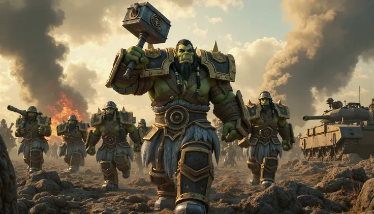 Subject: Thrall thr4ll, the iconic orc warrior from World of Warcraft, is depicted as a powerful leader of United States troops during World War II. He stands at the forefront of the battle, towering over the soldiers who march behind him. Thrall is dresse...