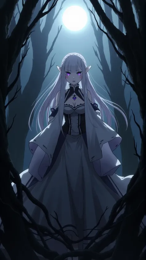 Satella is an elf, Satella has long silver hair, Satella has dark purple eyes, Satella standing in a dark misty forest, her expression filled with sorrow and longing, shadows swirling around her, faint glow of the moon above, her hair flowing in the eerie ...