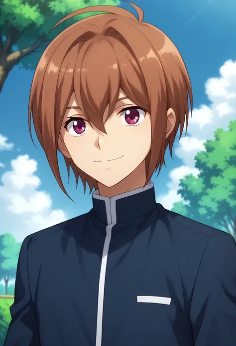 score_9, score_8_up, score_7_up, source_anime, highly detailed, 
taiyou, 1boy, male focus, solo, brown hair, school uniform, gakuran, smile, pants, looking at viewer,
purple eyes, upper body,
outdoor, sky, cloud, tree