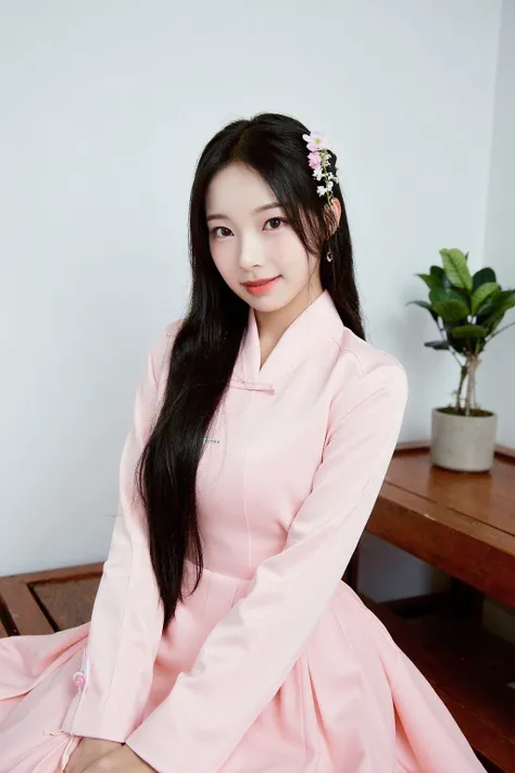 is a high-resolution photograph featuring a young Asian woman with long e hair adorned with a delicate floral hairpiece on the right side. She has a fair complexion and a youthful, innocent expression.She is dressed in a traditional Korean hanbok, specific...