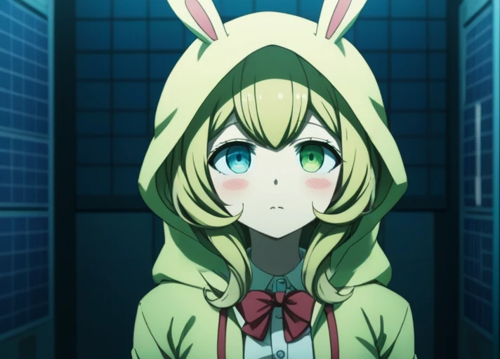 solo,  (((heterochromia))), (((green left eye))), (((blue right eye))), (((right eye is blue)), (((left eye is green))), <lora:Aiko_Umesawa_SDXL:1>,  This is an anime screencap from Danganronpa 3. Aiko Umesawa wearing her uniform from Danganronpa 3. Shes w...