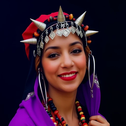 The image is a vibrant, The photograph features a woman with a medium-dark complexion and a voluminous, inviting smile.  She is wearing a headpiece that includes a red and black striped headscarf with intricate silver adornments., gradient background that ...