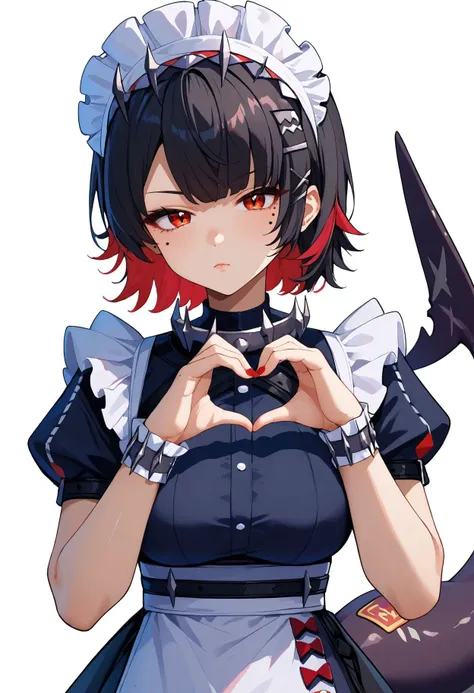 score_9,score_8_up,score_7_up,<lora:ellen_joe_zzz_v2_goofy:1>ellenJoeZzz, 1girl, black hair, breasts, colored inner hair, fingernails, heart, heart hands, large breasts, looking at viewer, maid, maid headdress, mole, mole under eye, multicolored hair, nail...