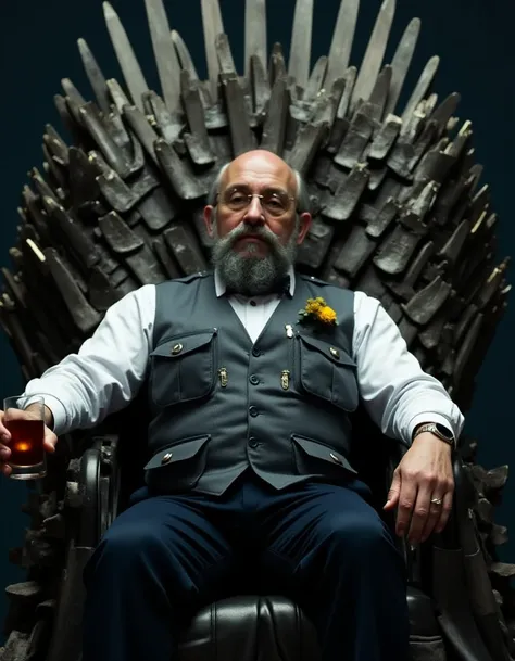 cinematic film still a man onoto1e in a vest sits on the Iron Throne, holding a cocktail in his hand, <lora:onotole:1> . shallow depth of field, vignette, highly detailed, high budget, bokeh, cinemascope, moody, epic, gorgeous, film grain, grainy