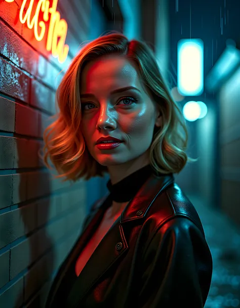 In a gritty, neo-noir setting, the image captures KR15T3N5A, a woman with a striking contrast of brown hair and blonde highlights, her intense gaze fixed on an unseen adversary. Set against the cold, steel-gray backdrop of a rain-drenched urban alleyway, s...