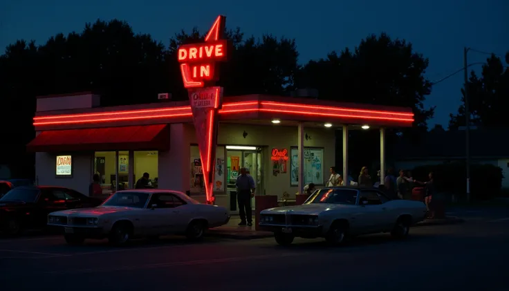 cinematic, A retro diner is illuminated with neon lights in the evening, featuring a classic drive-in style with cars parked under the bright awning. The surrounding area is calm, with a few people visible near the entrance, creating a nostalgic and vibran...