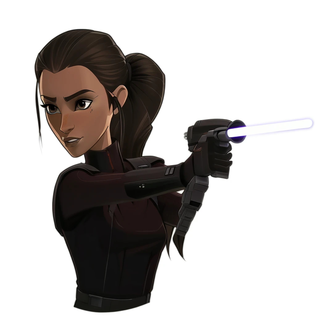 TOK, smile, lightsaber, from_side, head_out_of_frame, dark_skin, uniform, upper_body, handgun, dark-skinned_male, single_braid, freckles, hair_over_shoulder, transparent_background