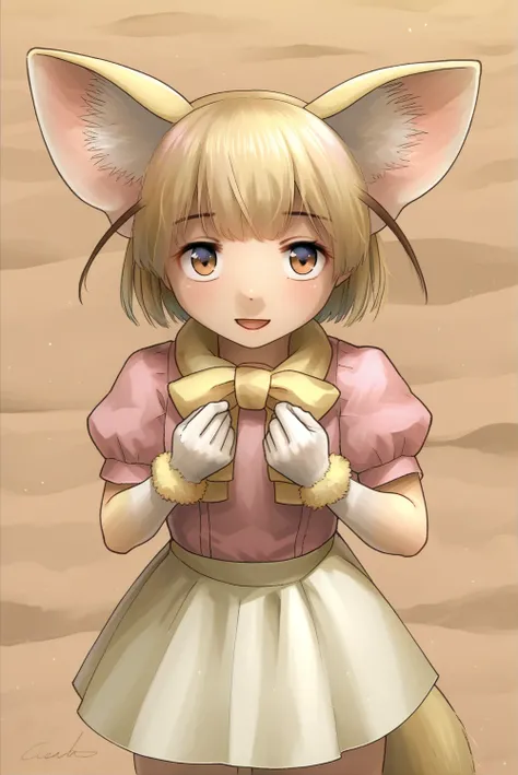 source_anime, solo, Fennec Fox, gloves, bow, short sleeves, bowtie, puffy short sleeves, skirt, sand,   <lora:Kemono_Friends_Style:1>