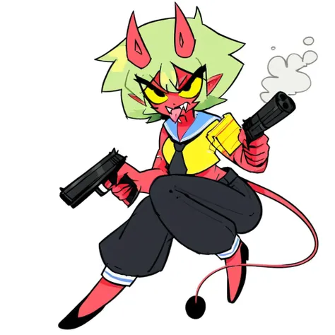 fangs, oni horns, demon tail, yellow skin, holding, pointy ears, pants, cropped legs, holding gun, sailor collar, full body, green hair, black footwear, holding weapon, necktie, tongue, book, handgun, food, 1girl, yellow sclera, red skin, white background,...