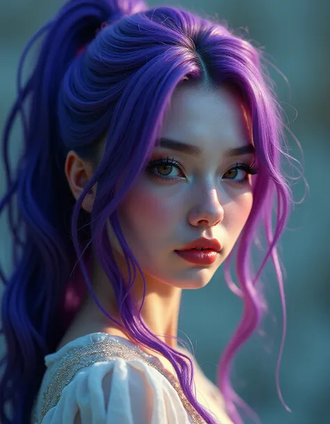 (masterpiece), 8k, very wide shot, volumetrics dtx, portrait, beautiful eyes, (dreadlocks:0.5) in a ponytail, (Violet head:1), vibrant colors, highly detailed, elegant and unique, gently swaying, mysterious and charming, realistic, details, very realistic,...