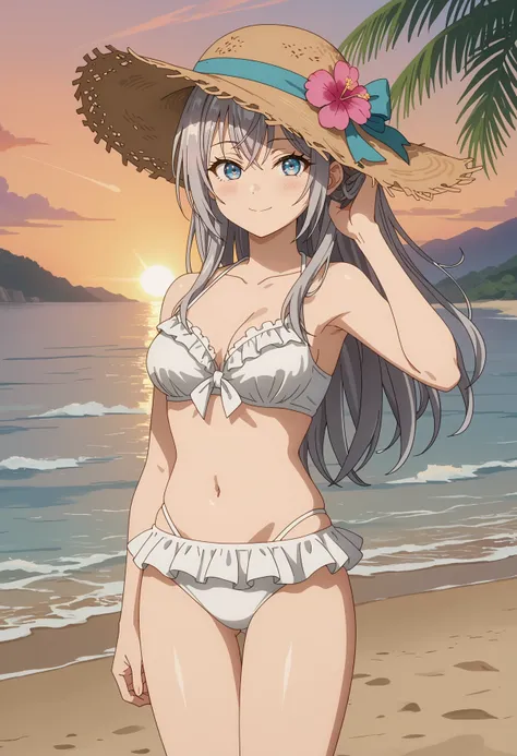 score_7_up, anime screencap, anime coloring,
<lora:Roshidere_KujouAlyaMikhailovnaXL:0.8>,
1girl, closed mouth, light smile, light blush,
long hair, grey hair, crossed bangs, blue eyes,
adjusting hair,
straw hat, hat flower, frilled bikini, white bikini, me...