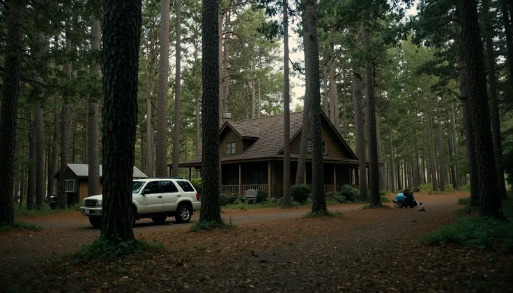 cinematic, A rustic cabin is nestled among tall trees in a peaceful forest. A white SUV is parked nearby, and the late afternoon light filters through the trees, casting a serene and tranquil atmosphere, film grain, Short telephoto focal length, shot on AL...