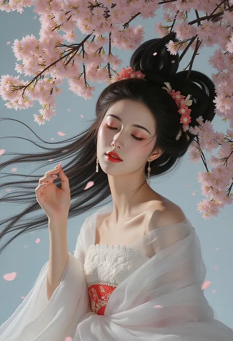 changexianzi, This is a highly detailed digital illustration in a realistic, semi-photorealistic style, depicting a young East Asian woman with fair skin and long, dark hair. The woman has an ethereal, almost serene expression, with her eyes closed and her...