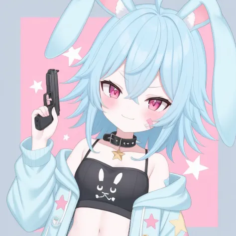 nano, ahoge, bunny ears, bandaid on cheek, bare shoulders, black shirt, blue hair, blush, closed mouth, crop top, hair between eyes, jacket, midriff, navel, off shoulder, open clothes, open jacket, pink eyes,  solo, star (symbol), upper body, virtual youtu...