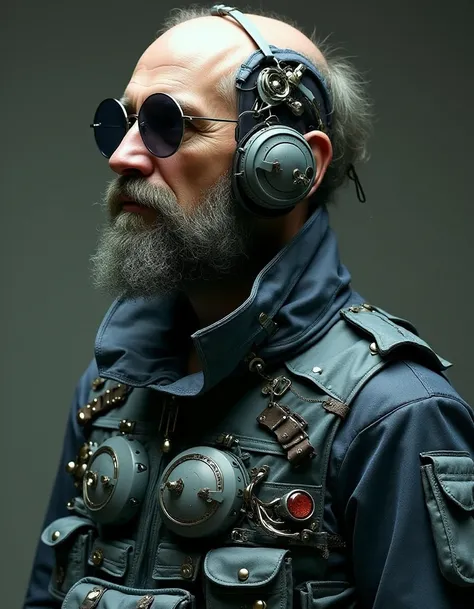 biomechanical cyberpunk a man onoto1e in vest, glasses, <lora:onotole:0.8> . cybernetics, human-machine fusion, dystopian, organic meets artificial, dark, intricate, highly detailed