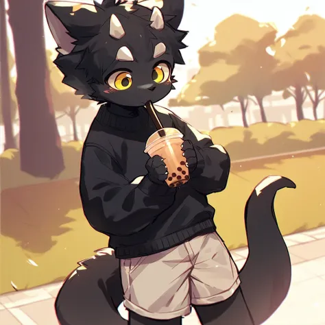 score_9_up, score_8_up, score_7_up, source_furry, mikus-ka_kuwu, black dragon, black body, white horns, yellow eyes, park, holding, bubble tea, black sweater, gray shorts, 1boy, solo