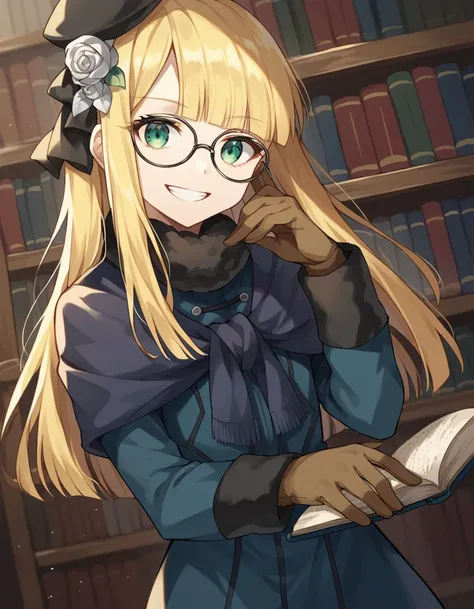 score_9, score_8_up, score_7_up, source_anime, <lora:fgo-reines-el-melloi-archisorte-ponyxl-lora-nochekaiser:1>, reines, yellow hair, green eyes, long hair, bangs, blunt bangs,, beret, black headwear, black ribbon, blue dress, brown gloves, dress, flower, ...