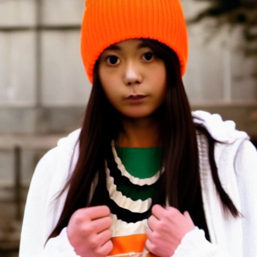 cream stockings, long hair, shorts, Black hair, white jacket, orange hat