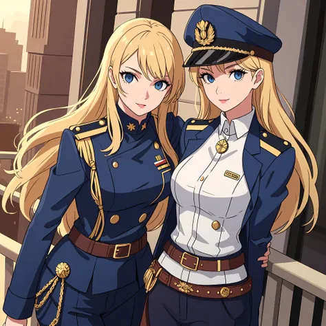 woman in her 20s, (perfect face), defined jawline, deep beautiful dark blue eyes, long flowing blonde hair, in military uniform, gold trimming in outfit, brown leather belt with gold buckle, medals on her chest, rank symbol on arm, military cap with gold s...