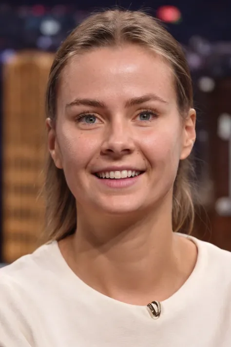 1girl, ultrarealistic, real photo, detailed skin, visible pores, professional Getty Images style without watermark, actress being interviewed on a late-night show, smiling, studio backdrop, close-up on face
<lora:vp99_nl_lora_v01:1> vp99