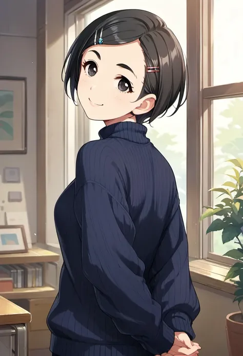 score_9, score_8_up, score_7_up, source_anime, matsuo chizuru, short hair, black hair, black eyes, 1girl, solo, hair ornament, hairclip, smile, looking at viewer, arms behind back, sweater, looking back