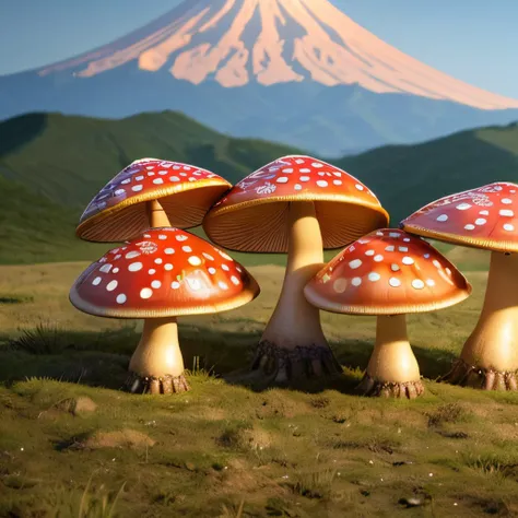 masterpiece, intricate photo, full scale wide shot, a group of toadstools in japan, photo realistic, hyper realistic, highly detailed, sharp focus, cozy outdoor lighting, colorful, friendly colors, best quality, high resolution, 8K