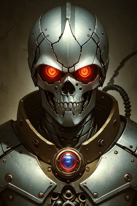 <lora:DnDDarkestFantasy:0.6> ArsMJStyle, DnDDarkestFantasy,  close up on face, great lighting, intricate detail, portrait of endoskeleton of terminator cybernetic machine soldier, with titanium skull and red glowing mechanical eyes, High Detail, Perfect Co...