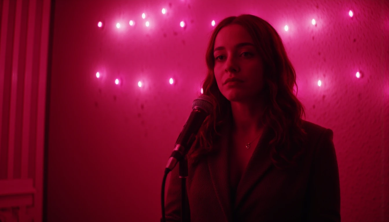 cinematic, A woman stands in front of a microphone under soft, warm lighting, with a reflective backdrop of pink lights behind her. Her expression is calm and introspective, creating a quiet and intimate atmosphere, as if she’s performing or about to speak...