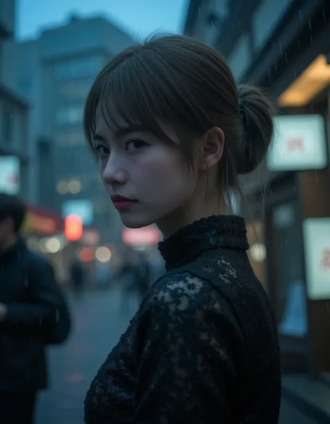 A cinematic portrait of mikuya looking back with a serious, contemplative expression, standing in the rain. She has her hair styled in an elegant updo, with strands gently framing her face with mat skin. The woman is wearing a high-collared, intricately de...