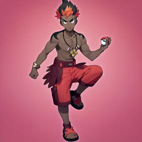 (masterpiece), score_9, score_8_up, score_7_up, score_6_up, score_5_up, score_4_up, 1boy, solo, Kiawe, multicolored hair, black eyes, dark skin, necklace, shoulder tattoos, red shorts, sandals, holding pokeball, serious expression, red background