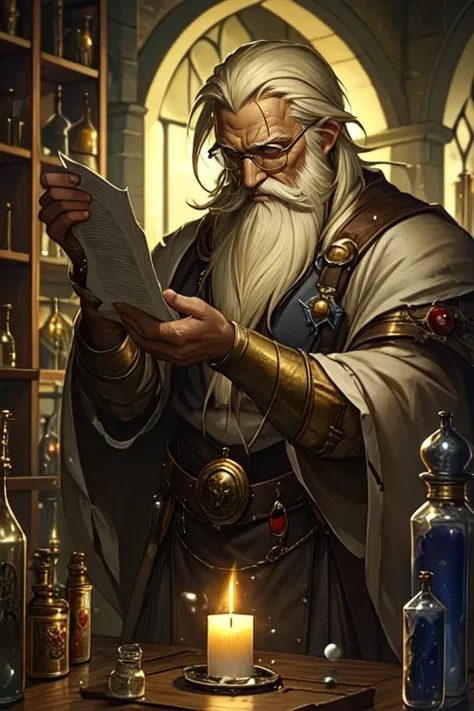 <lora:DnDDarkestFantasy:0.6> ArsMJStyle, DnDDarkestFantasy,  An elderly alchemist with a long white beard and tattered robes mixes potions in a candle-lit laboratory. Shelves of strange ingredients, bubbling cauldrons, mystical symbols, parchment scrolls, ...