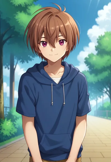 score_9, score_8_up, score_7_up, source_anime, highly detailed, 
taiyou, 1boy, solo, male focus, hood, hoodie, brown hair, smile, drawstring, purple eyes, looking at viewer, blue hoodie, hood down, short sleeves,  hair between eyes, short hair, bangs, 
out...