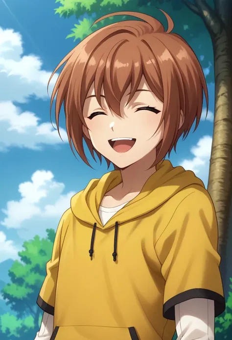 score_9, score_8_up, score_7_up, source_anime, highly detailed, 
taiyou, 1boy, solo, male focus, solo, short hair, hood, hoodie, yellow hoodie, short over long sleeves, shirt, white shirt, open mouth, smile, red hair, looking at viewer, brown hair, closed ...