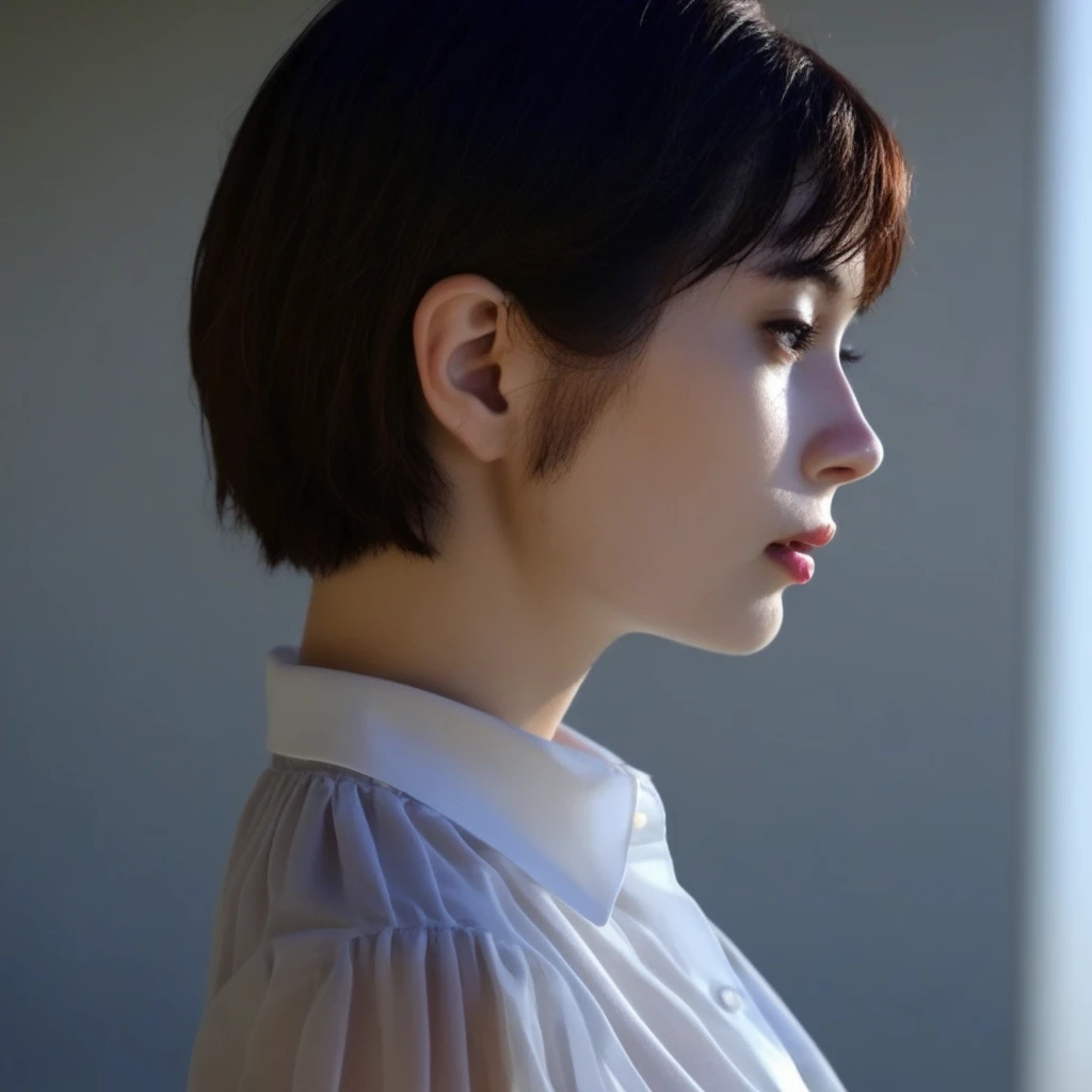 1girl, short hair, profile, upper body, collared shirt, transparent shirt, face focus, perky breasts,