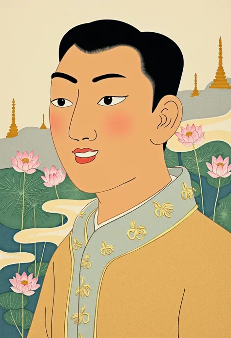 a portrait of a Thai man inspired by Shunga art, combining traditional Thai and Japanese aesthetics. The man has smooth, tan skin, high cheekbones, and gentle, smiling eyes. He is adorned in a traditional Thai silk shirt with intricate gold patterns, refle...