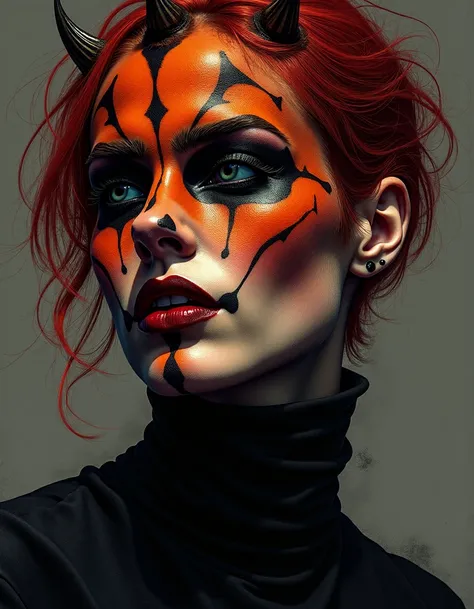 long shot scenic professional photograph of (facepaint, face tattoos), Wet black and orange color inks line art dreamy Darth Maul portrait with lot of lace filigrees on black canvas illustration described in the perfect fractal style of Vassily Kandinsky, ...