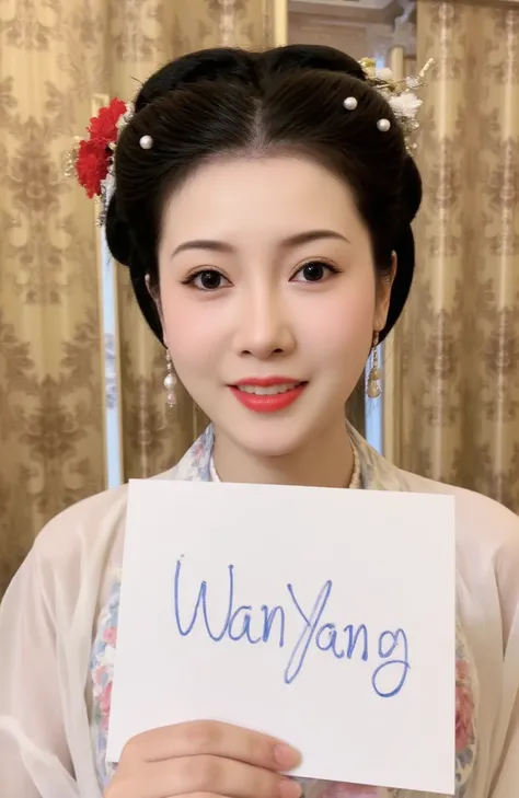 3mm4w, wy,a young woman dressed in traditional hanfu, standing in a luxurious, ornate interior. Her hair is styled in an elegant, historical updo adorned with delicate pearls and flowers. 
Reddit selfie.Holding up a sign written in blue ballpoint pen that ...