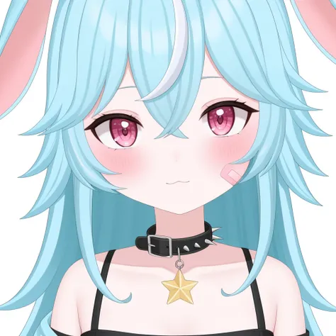 nano, ahoge, bunny ears, bandaid on cheek, blue hair, blush, crop top, hair between eyes, pink eyes,  solo, star (symbol), virtual youtuber, collar with spikes, solo, 
close up, portrait, sfw,
 <lora:NANO-XL-t2-000002:0.6>