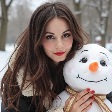 A photo of a woman with dark brown hair. The photo includes her entire body. She is wearing red lipstick. She has bold black eyeliner. She has smokey eyeshadow. She has a slight grin. She is looking directly into the camera. She has a natural skin texture....