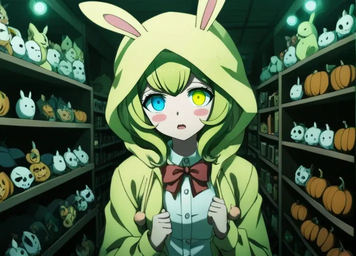 solo,  (((heterochromia))), (((green left eye))), (((blue right eye))), (((right eye is blue)), (((left eye is green))), <lora:Aiko_Umesawa_SDXL:1>,  This anime screencap is from Danganronpa the Animation. . Aiko Umesawa wearing her uniform from Danganronp...