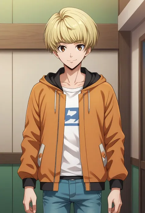 score_9, score_8_up, score_7_up, source_anime, highly detailed, 
banri, 1boy, solo, male focus, blonde hair, pants, shirt, brown eyes, looking at viewer, jacket, smile
orange jacket, hood, white shirt, short hair, open clothes, blue pants, jeans, collarbon...