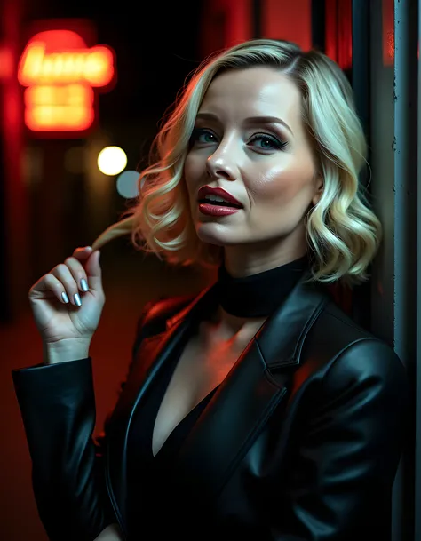 In a noir-inspired scene, KR15T3N5A, a striking woman with platinum blonde hair and a captivating gaze, is the centerpiece of a dramatic close-up portrait. Set against a simple black backdrop, she stands in an unspecified urban alleyway bathed in the soft ...