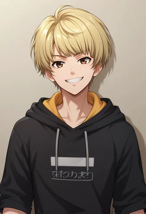 score_9, score_8_up, score_7_up, source_anime, highly detailed, 
banri, 1boy, male focus, solo, blonde hair, bangs, hood, hoodie, brown eyes, black hoodie, looking at viewer,
bracelet, grin,