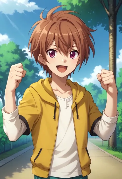 score_9, score_8_up, score_7_up, source_anime, highly detailed, 
taiyou, 1boy, solo, male focus, solo, short hair, hood, hoodie, yellow hoodie, short over long sleeves, shirt, white shirt, open mouth, smile, red hair, looking at viewer, brown hair, clenche...