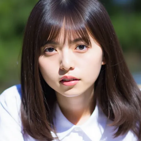 asuka, The image is a close-up portrait of a young woman, pale skin. Her hair is styled in a straight hair, half-down with bangs. She is wearing a white collared shirt and is looking directly at the camera with a serious expression. The background is blurr...