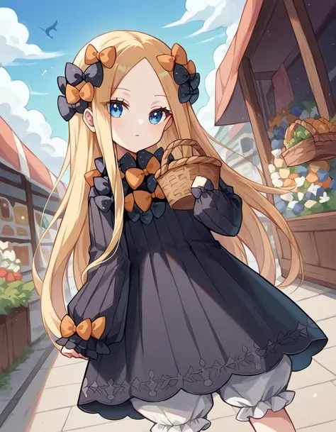 score_9, score_8_up, score_7_up, source_anime, <lora:fgo-abigail-williams-ponyxl-lora-nochekaiser:1>, abigail williams, blonde hair, blue eyes, forehead, long hair, parted bangs,, black bow, black dress, bloomers, bow, dress, hair bow, long sleeves, multip...