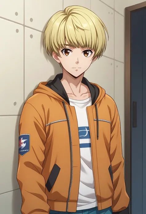 score_9, score_8_up, score_7_up, source_anime, highly detailed, 
banri, 1boy, solo, male focus, blonde hair, pants, shirt, brown eyes, looking at viewer, jacket,
orange jacket, hood, white shirt, short hair, open clothes, blue pants, jeans, collarbone, den...