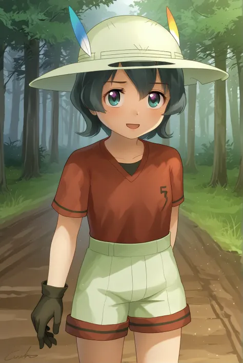 source_anime, solo, Kaban-chan, black gloves, red shirt, shorts, hat, black hair, forest, sunny day,  <lora:Kemono_Friends_Style:1>